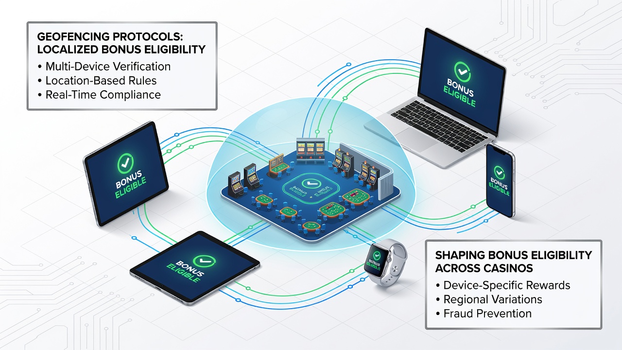 Multi-device casino session showing geofencing verification across mobile and desktop platforms