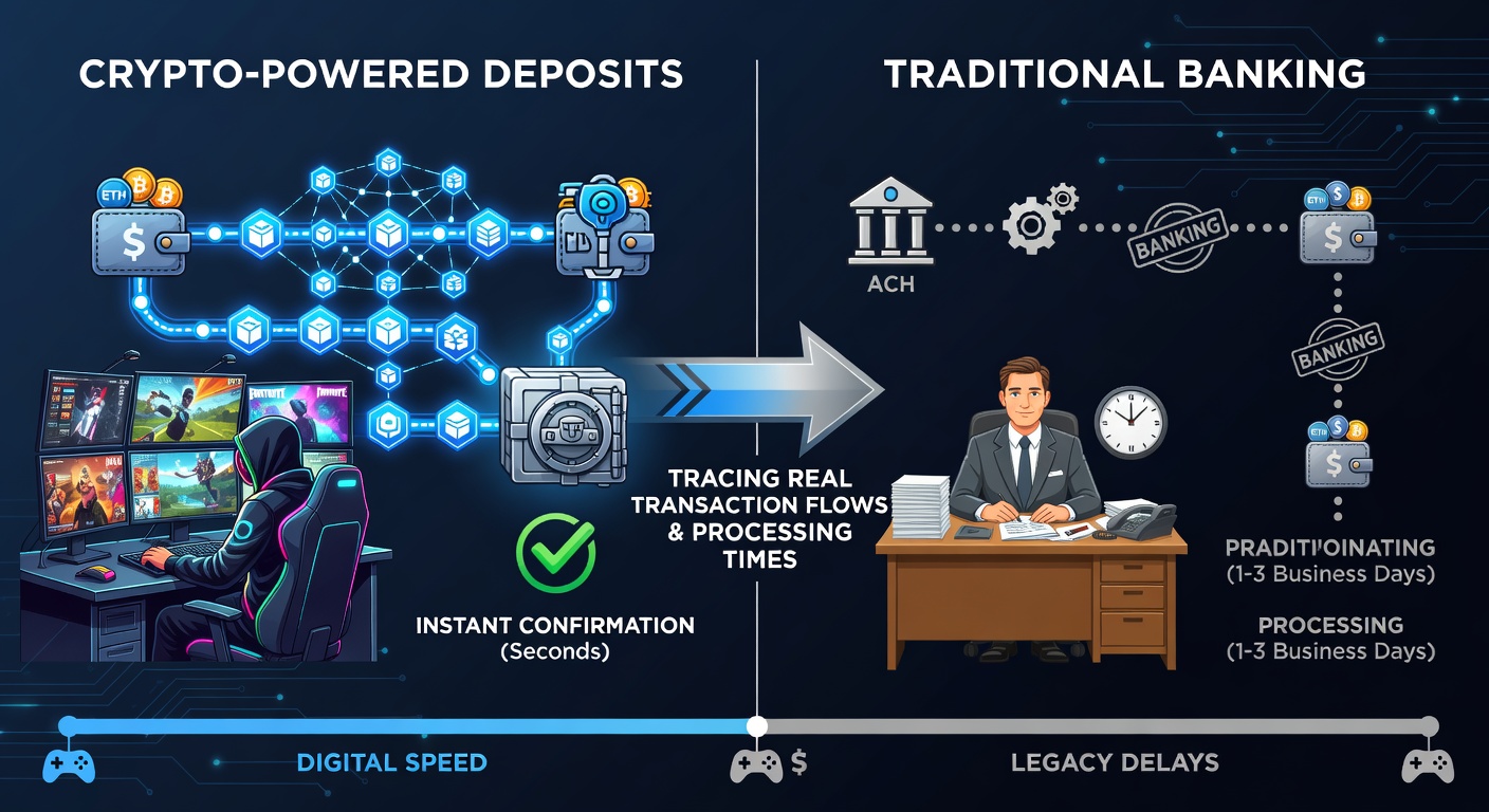 Comparison diagram showing crypto blockchain transaction flow versus traditional bank wire transfer path in online gaming deposits