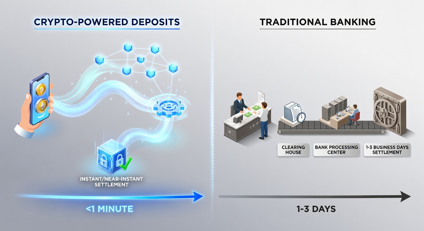 Timeline chart illustrating average processing durations for crypto deposits compared to bank transfers on digital gaming sites