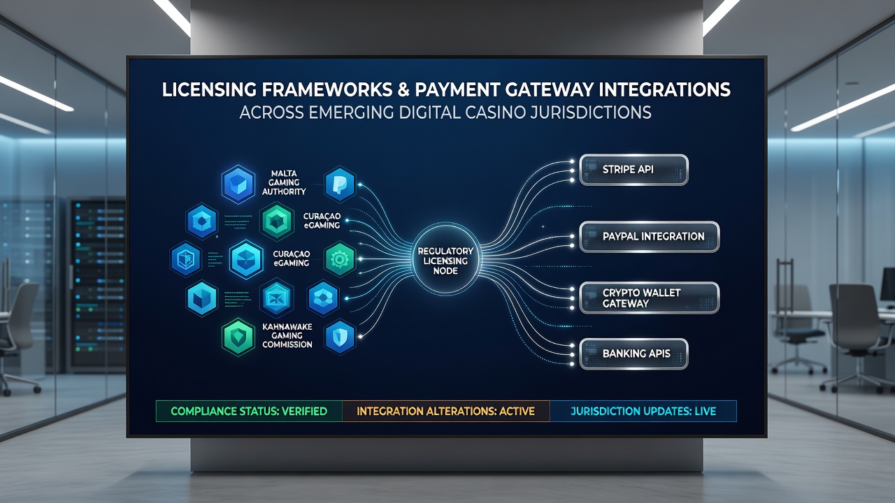 Payment gateway integration testing dashboard showing compliance checks and transaction flows for licensed casino platforms