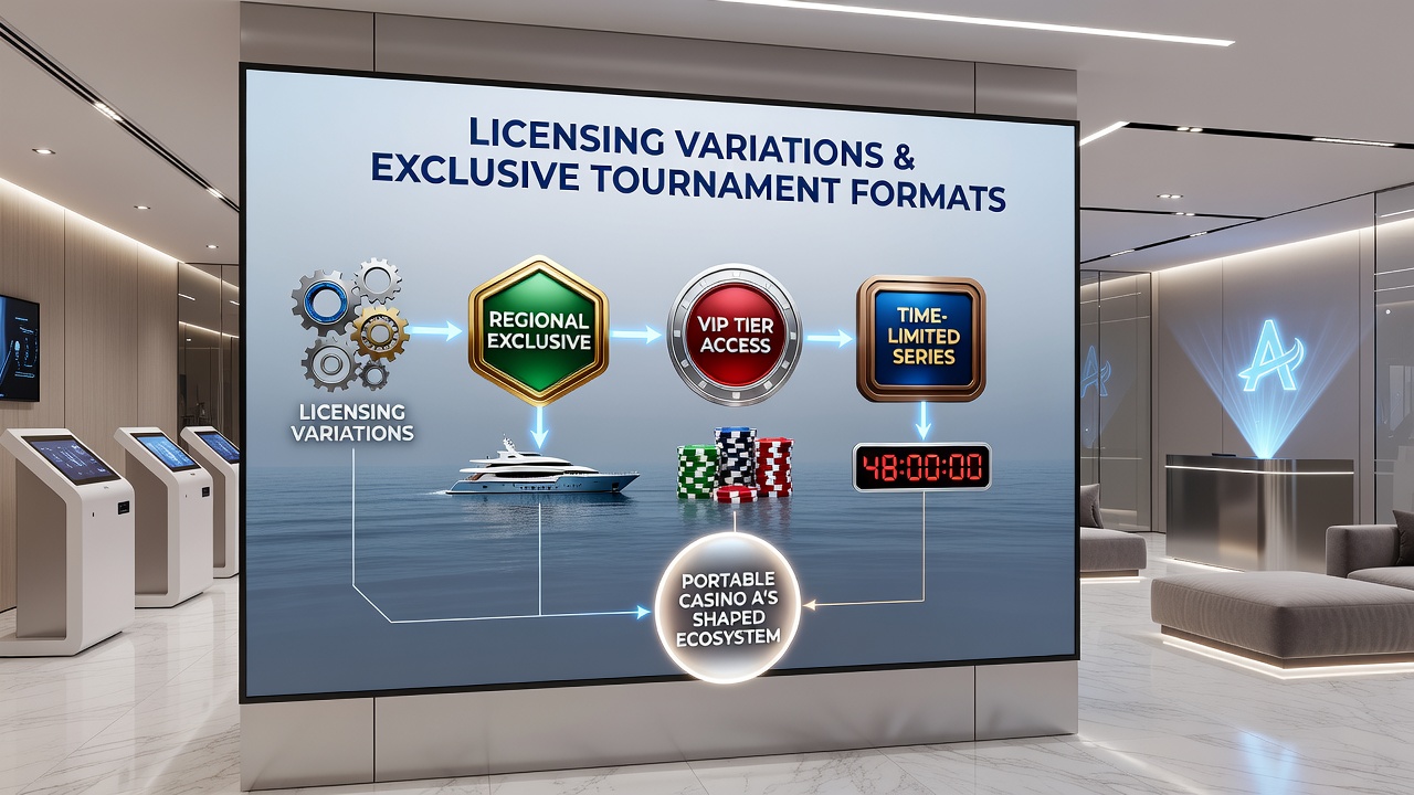 Portable device screen showing tournament leaderboard with regional licensing badges