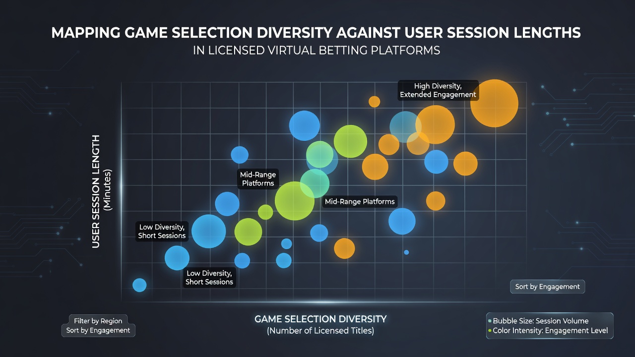 Heatmap chart illustrating session length distributions for low, medium, and high game diversity scores in virtual betting platforms